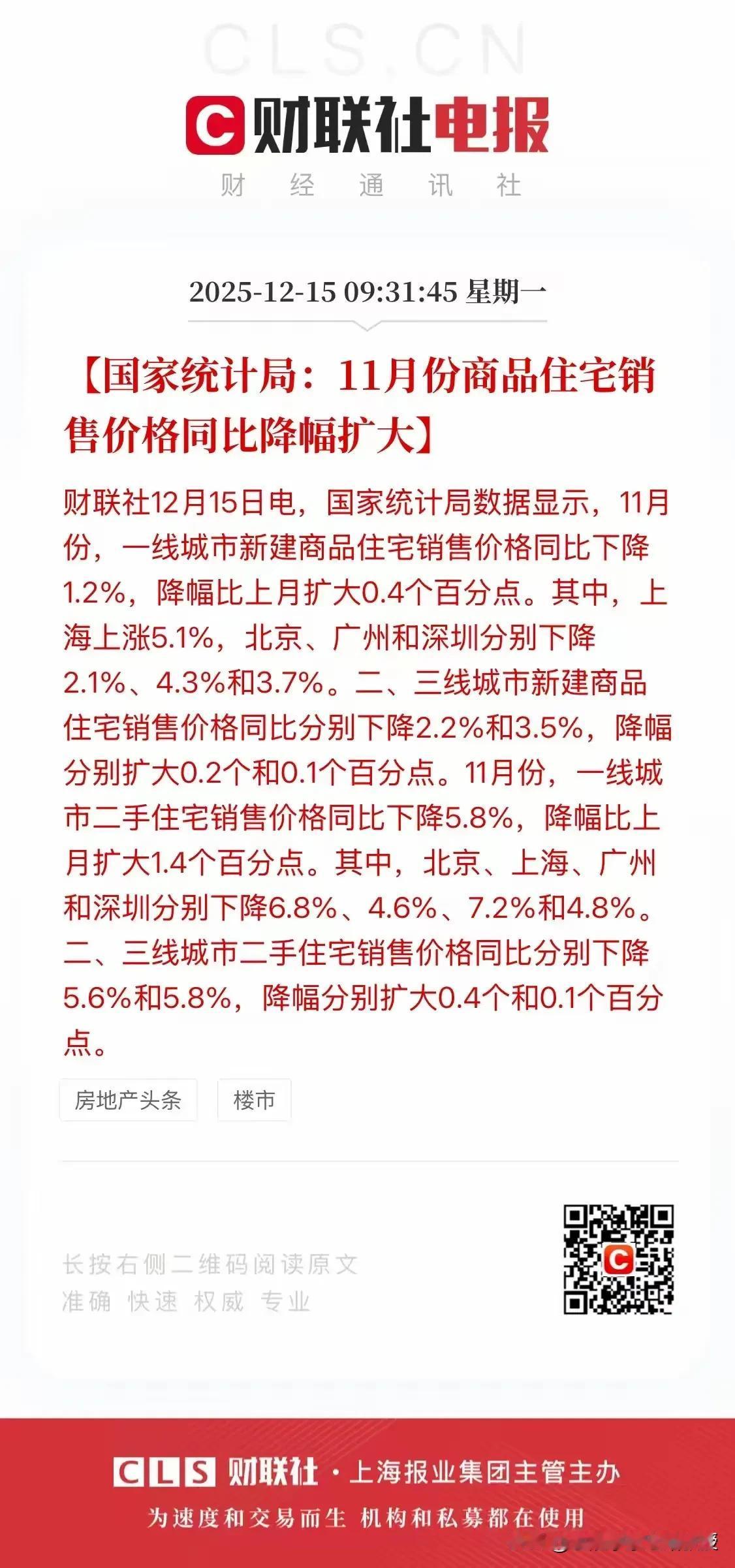看下图，刚刚国家统计局发布的11月楼市价格数据，释放三大信号：

①一线城市新房