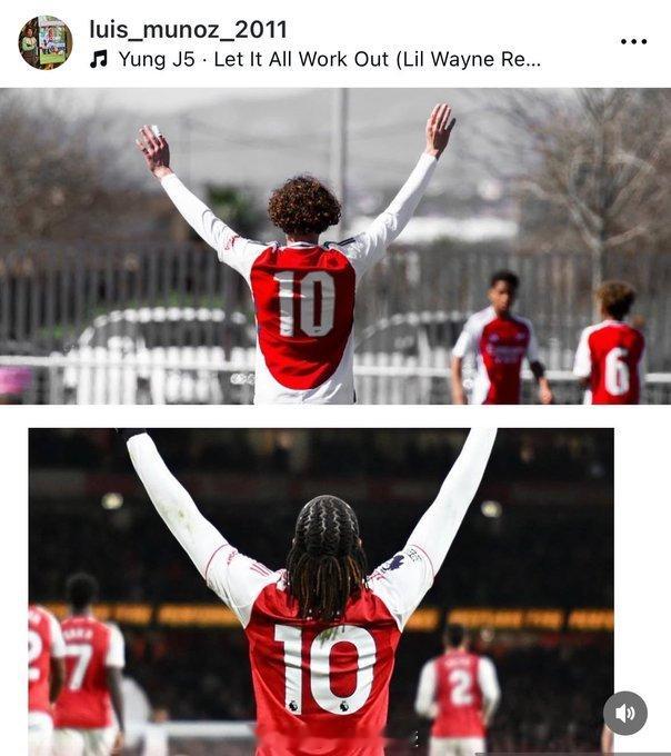 阿森纳青训球员路易斯·穆尼奥斯在Ins上写道：埃泽，我梦想着有一天，也许也能像你