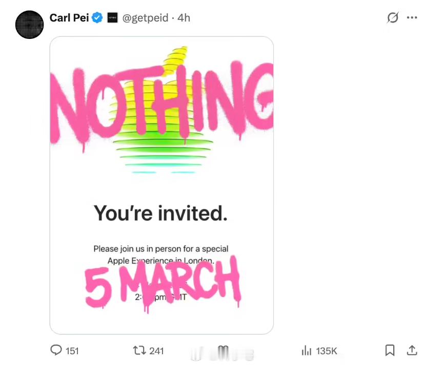 Nothing CEO 裴宇魔改苹果邀请函海报，这样玩确实有个性 