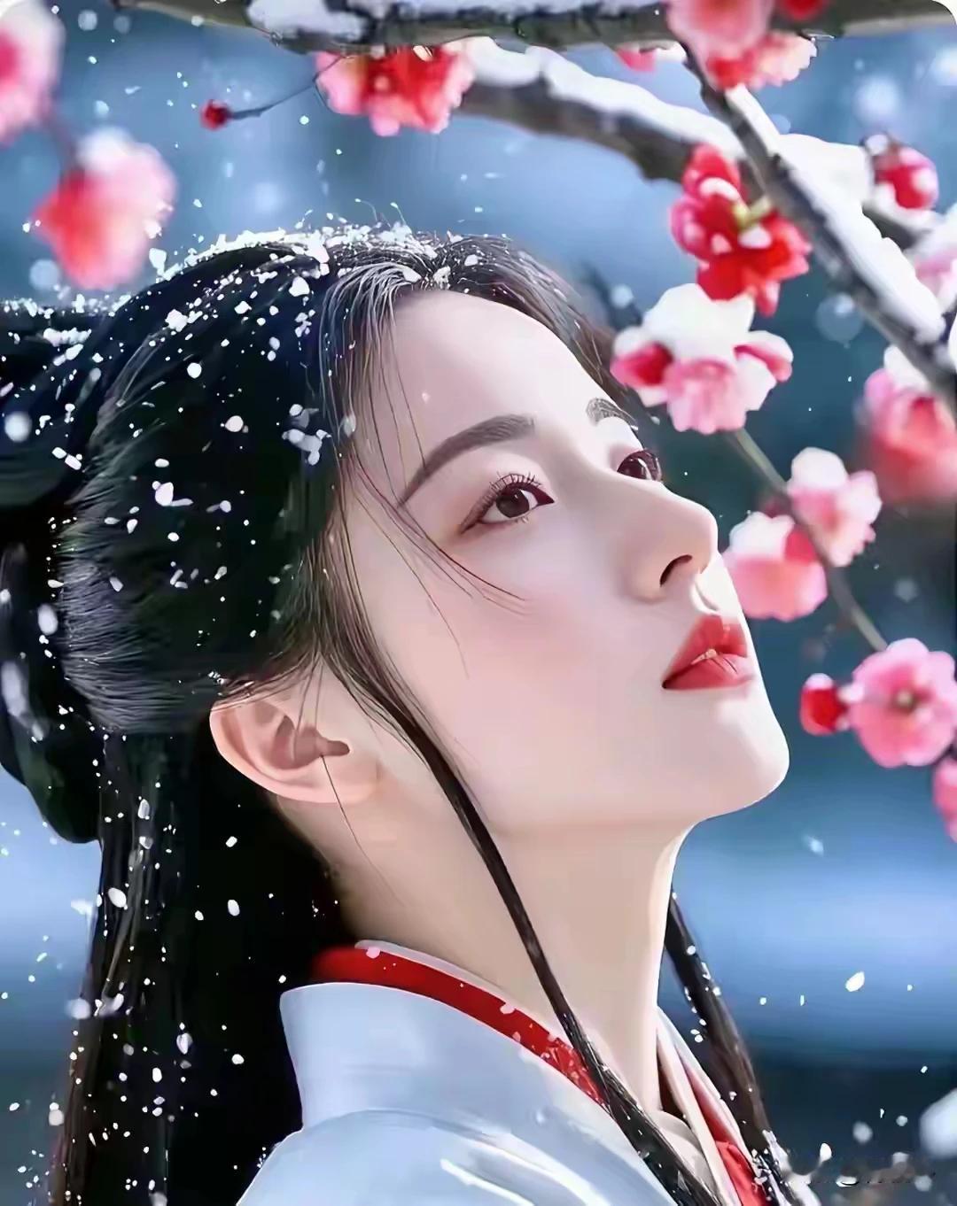 七绝:《亭下梅影》
 红衣映雪立亭东，
笑挽寒枝趁晓风。
留得暗香凝镜里，
琼花