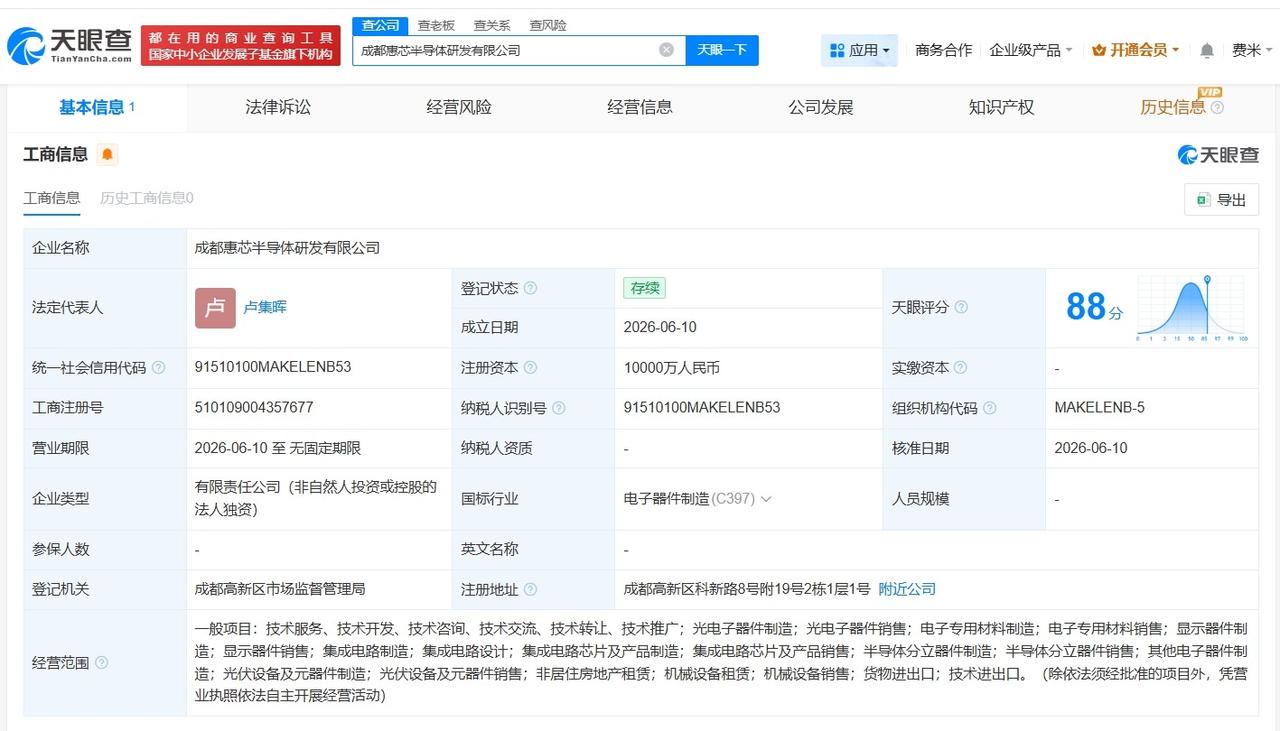 惠科股份在成都成立半导体研发公司 注册资本1亿
天眼查App显示，近日，成都惠芯