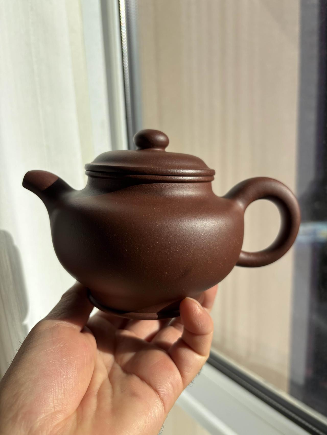 紫韵砂壶傲骨身，抛光火炼玉姿陈。
心怀乃大装云月，腹有乾坤尽是春。
紫玉金砂韵无