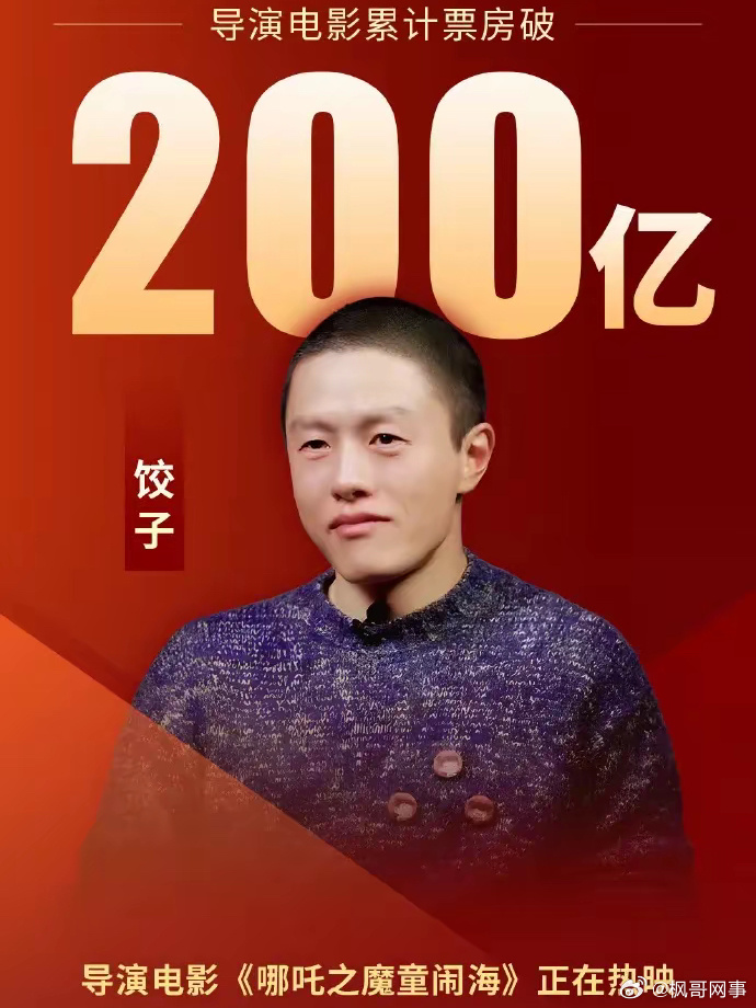 饺子导演票房突破200亿！据网络平台数据，导演的全部电影票房累计破200亿，也是