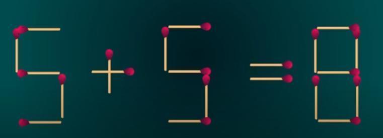 在这个由火柴组成的算式“5 + 5 = 8”中，给你 46 秒时间，任务是移动一