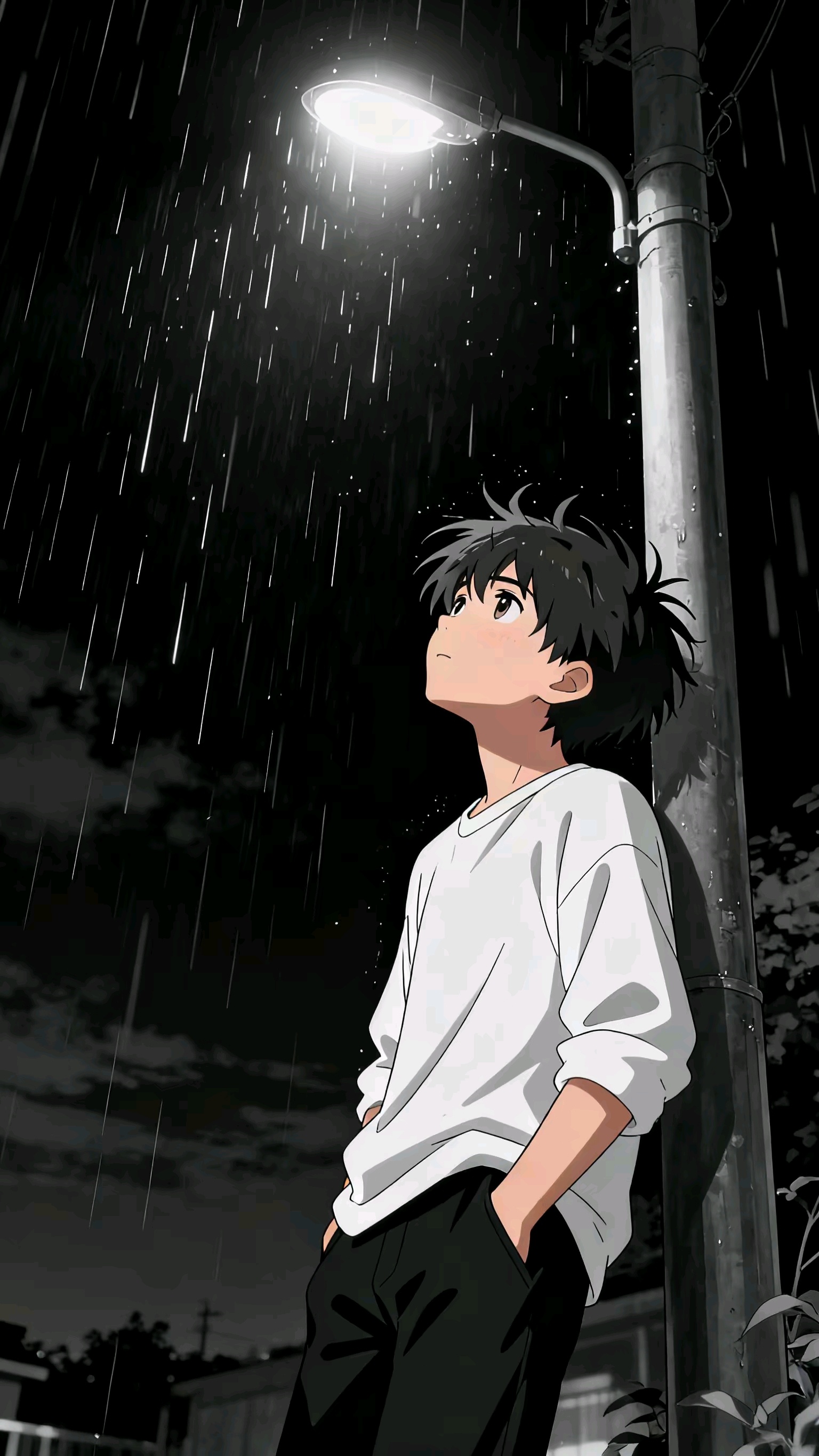 动漫 雨夜路灯下，镜头缓慢环绕靠在灯杆上仰望的少年，雨水持续落下，侧光勾勒他的轮