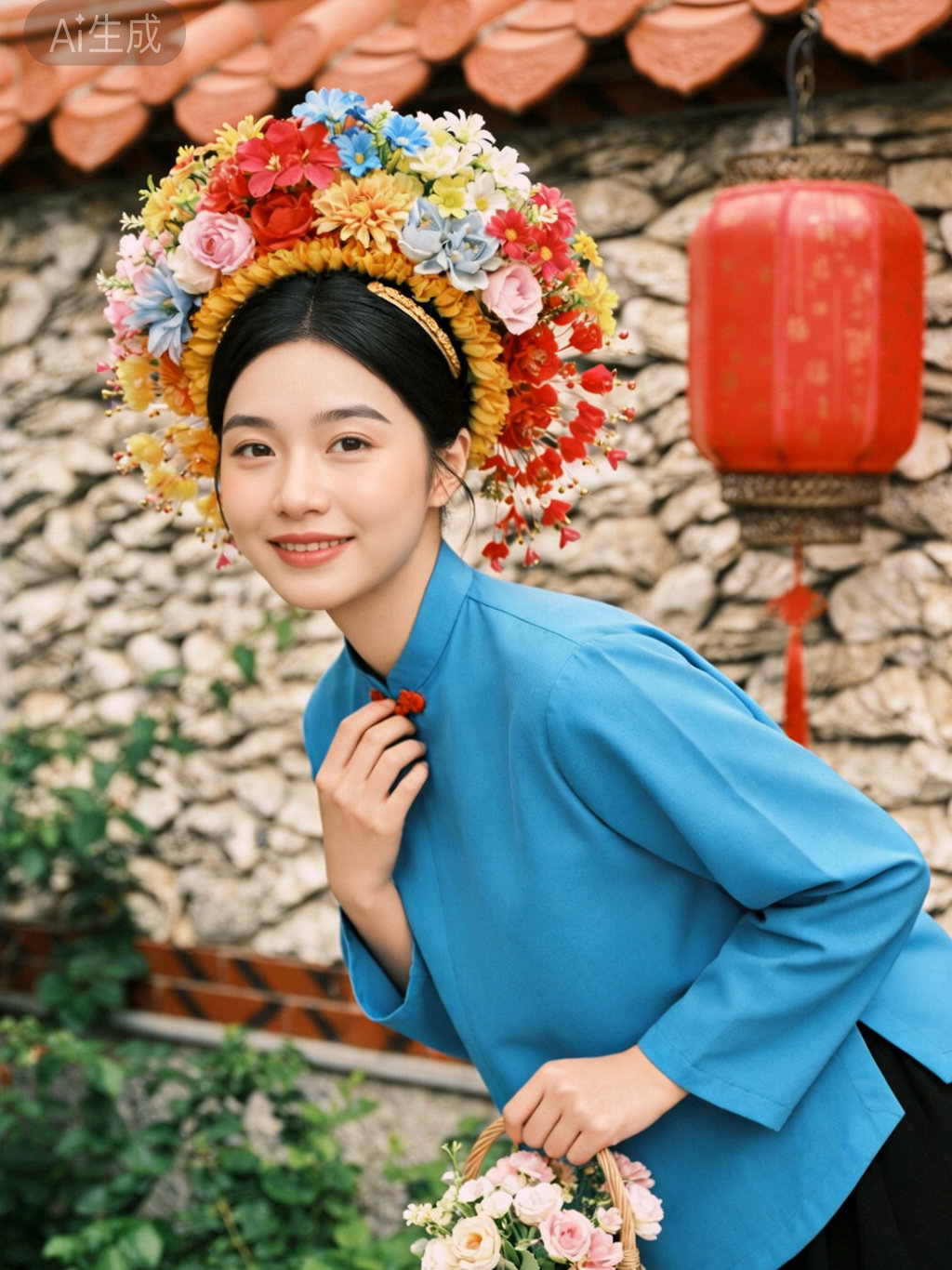 AI国风文化大片蟳埔簪花围是当地女性的传统发饰，满头繁花宛如流动的