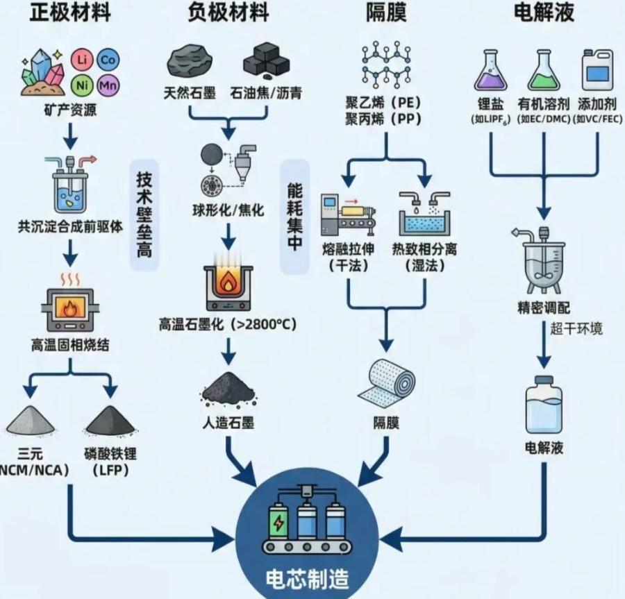 锂离子电池制备工艺全流程
①极板制作
混浆→涂布→碾压→分条→烘烤
②电芯组装