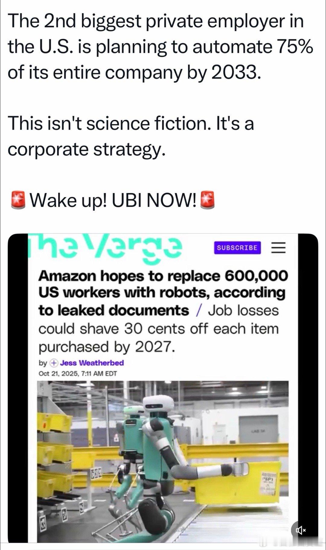 Amazon内部文件曝光：计划八年内用机器人取代六十万员工（砍75%岗位） 