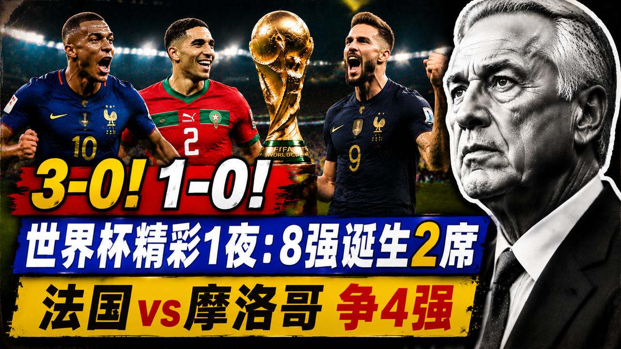3-0！1-0！世界杯精彩1夜：8强诞生2席 法国vs摩洛哥争4强
世界杯1/8