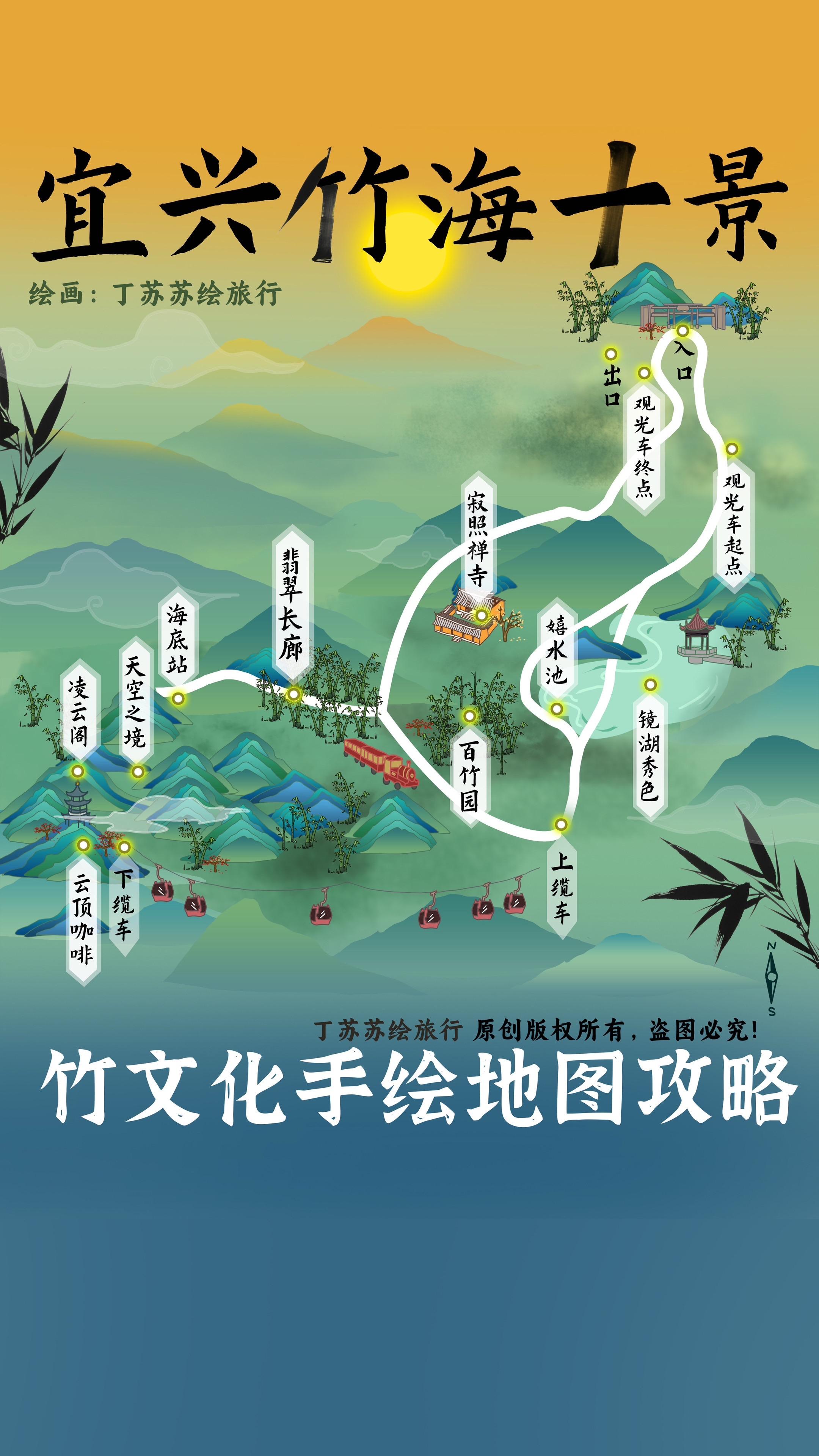 竹海红枫汉服手绘地图共赏🎋宜兴🔟景。以满山竹林景观，点缀红枫🍁丁...