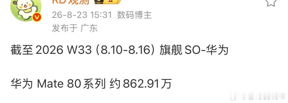 华为mate80单周再次卖了17万多台，已经来到了862.91万台，离900万台