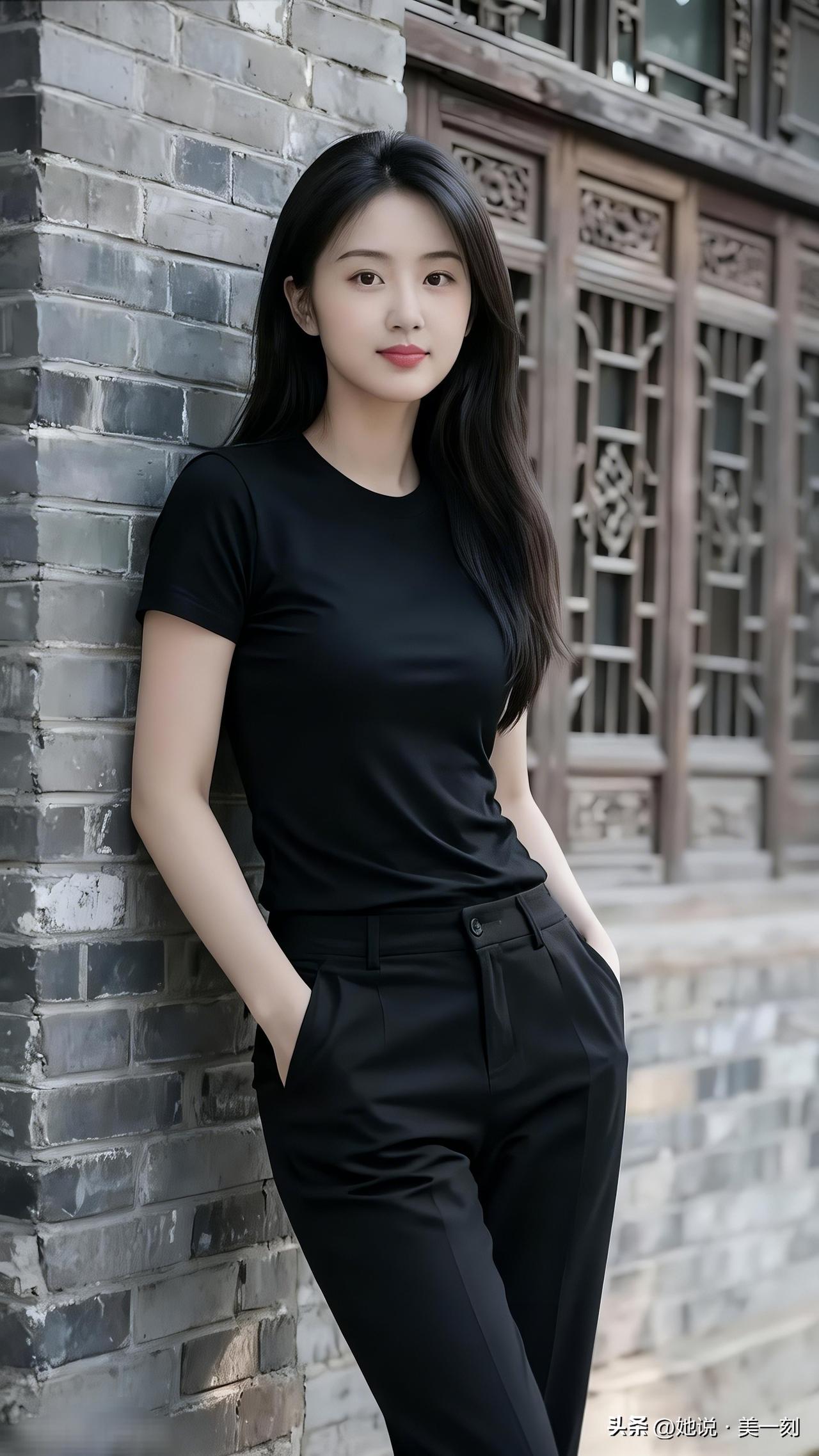 黑衣少女倚墙而立，复古砖墙与现代简约服饰的完美融合。你手机里最美照片是谁