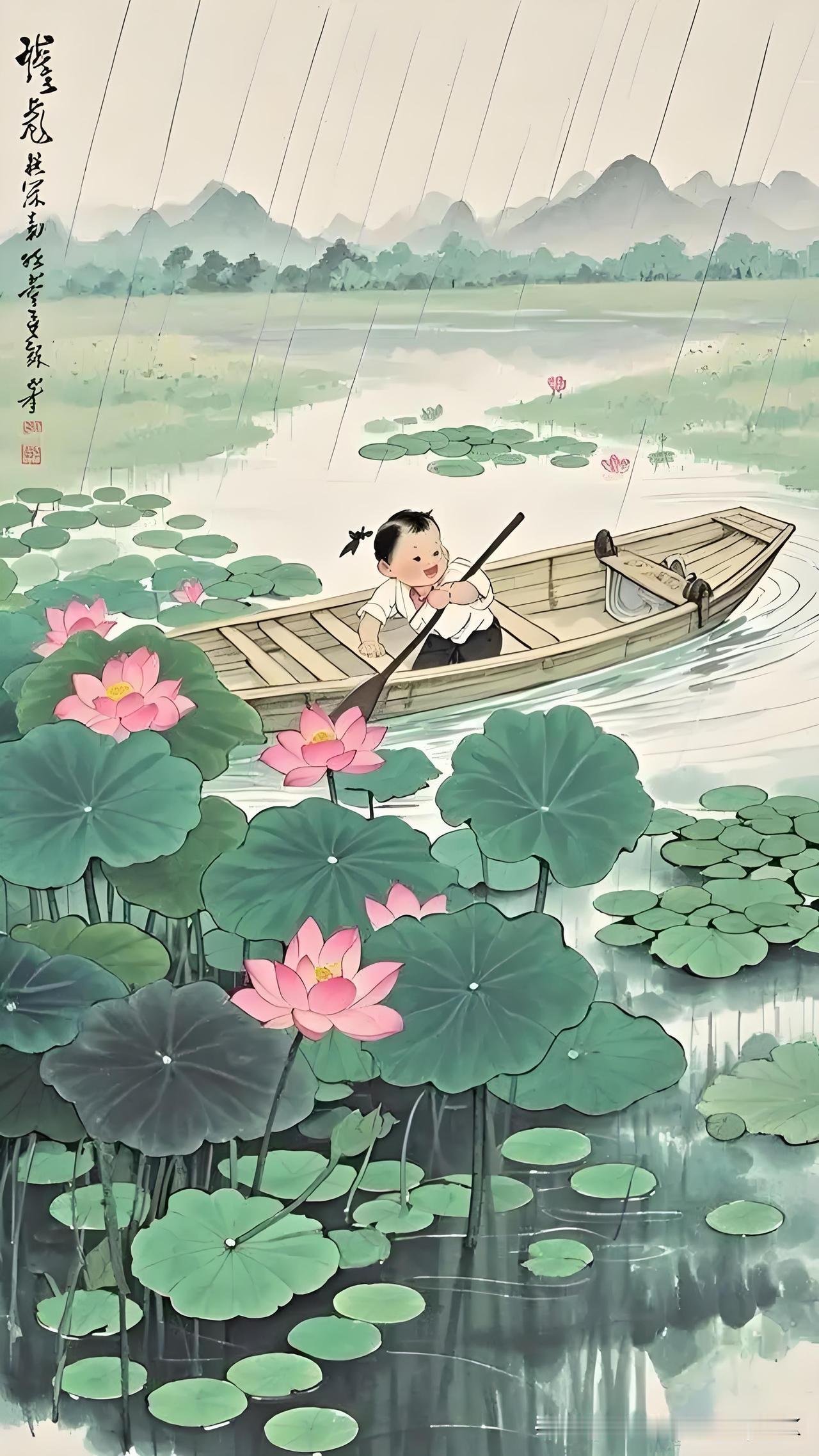 《采莲曲》
——唐.王昌龄
荷叶罗裙一色裁，
芙蓉向脸两边开。
乱入池中看不见，