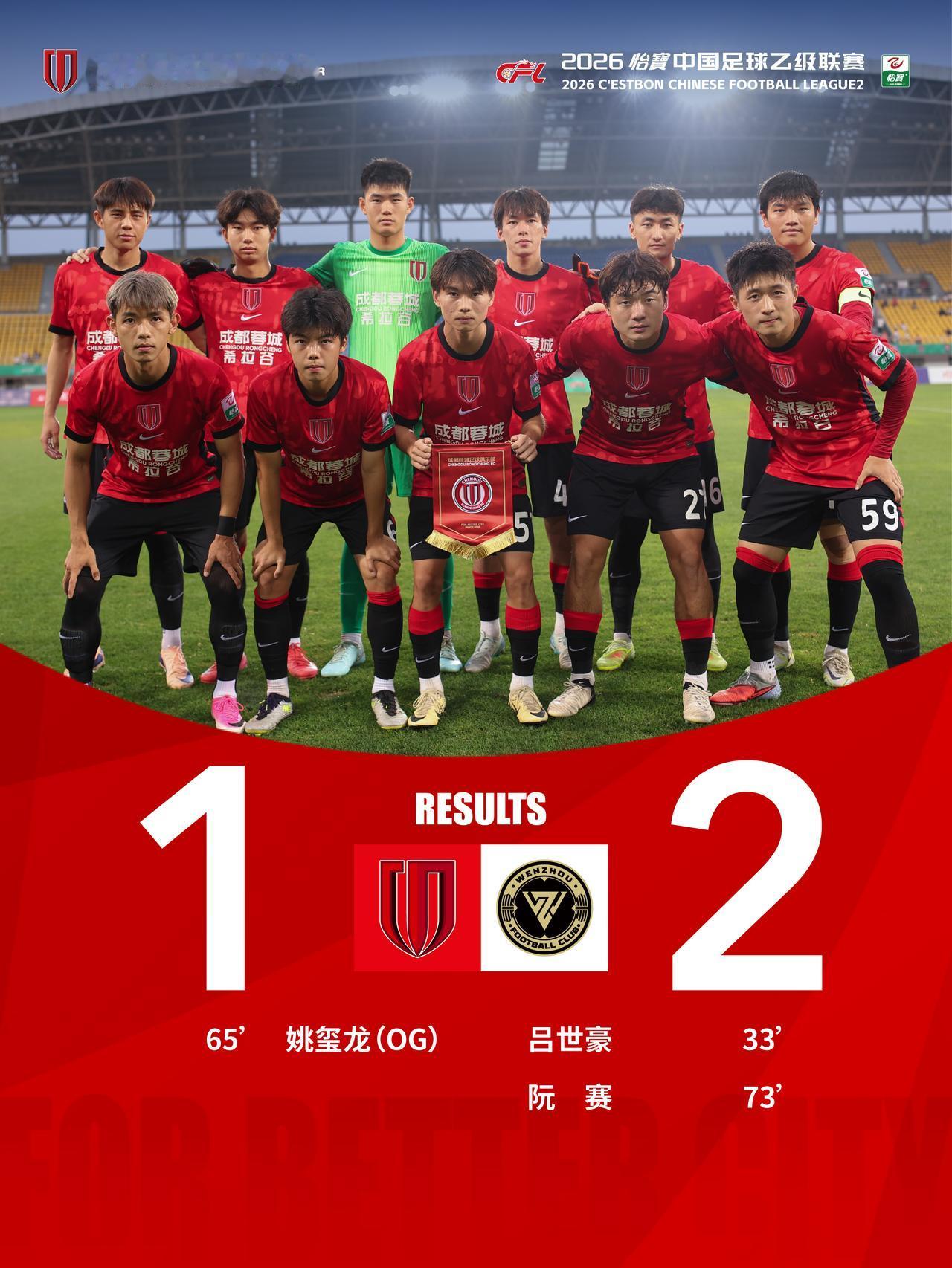 今晚 20:00，2026怡宝中乙联赛第12轮，成都蓉城希拉谷主场迎战温州俱乐部