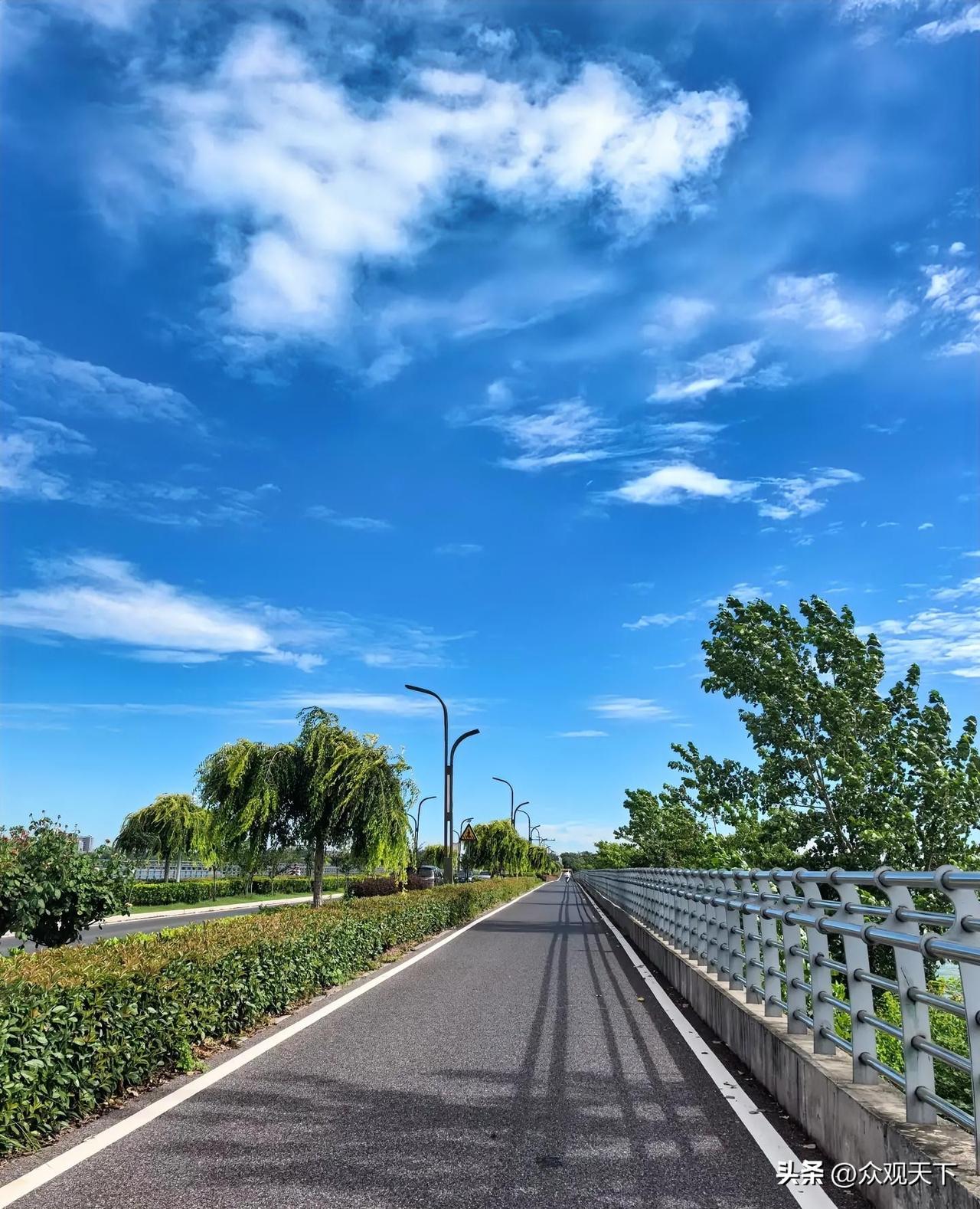 风把云揉成了轻絮，路灯的影子在步道上拉得好长。
沿着这条路走，连脚步都慢成了夏天