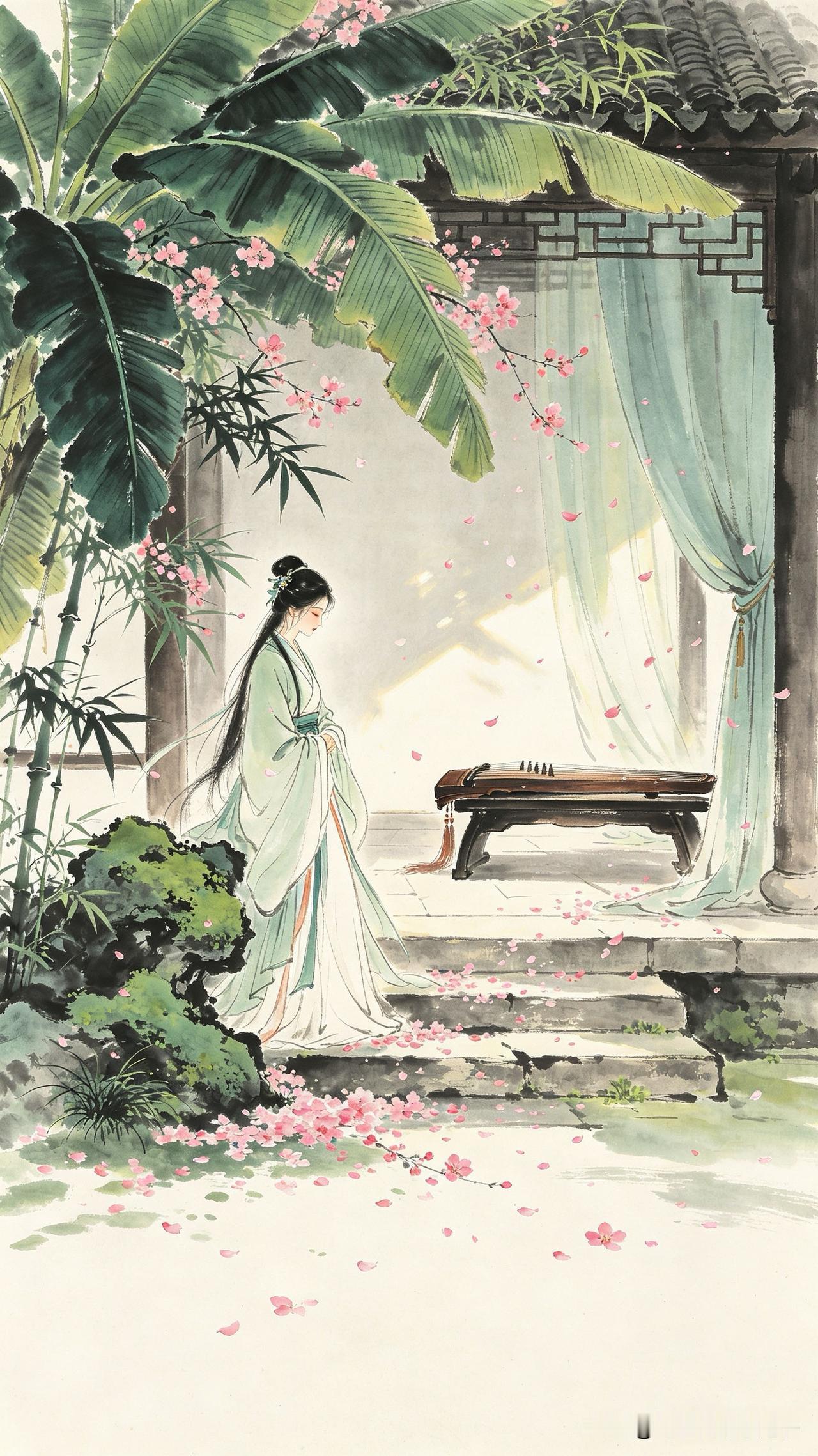 独倚空庭日色微，
乱红飞过旧琴帏。
不知弦上凄凉意，
    
…………请师友续