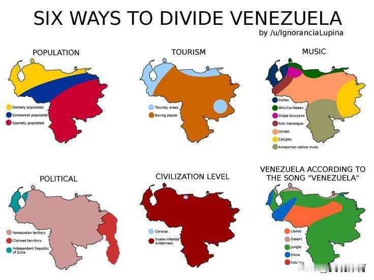 划分委内瑞拉的六种方法
人口，旅游，音乐，政治，文明水平，根据歌曲“Venezu