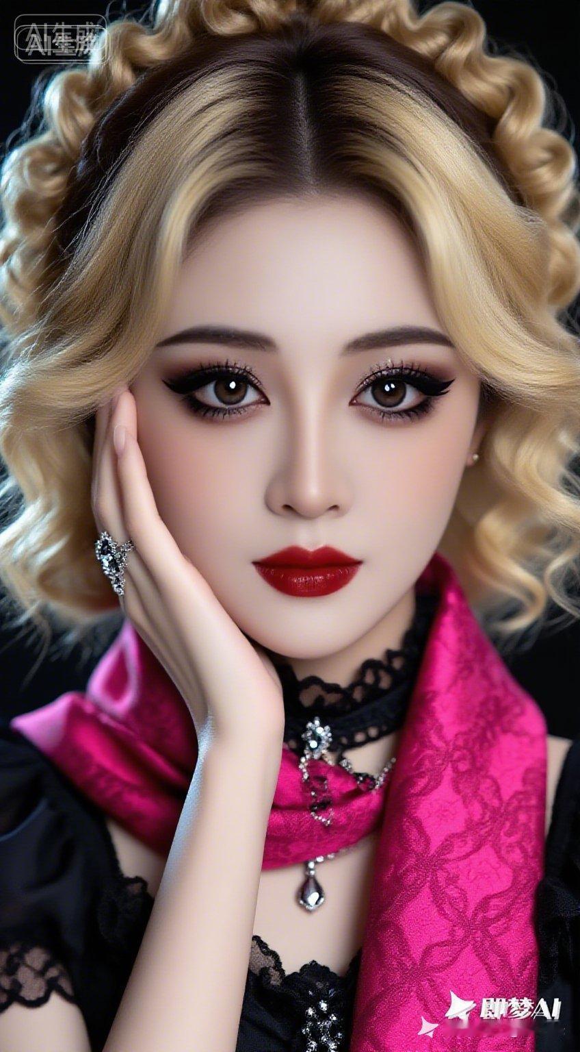 梦幻少女风，甜美与优雅并存，红唇与金发相映成趣，尽显时尚魅力！💄👩‍❤️‍?