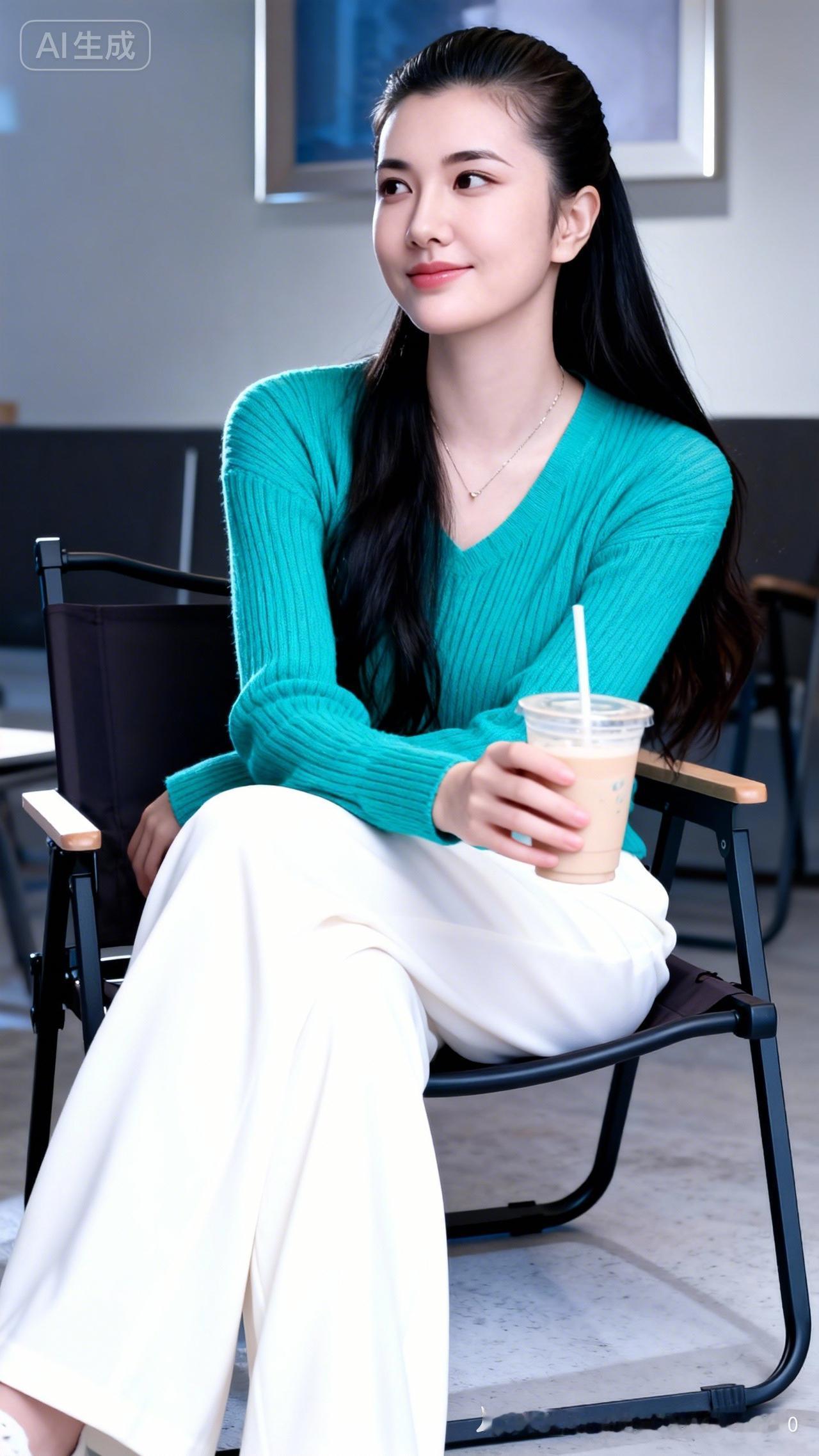 女孩坐在椅子上，微笑着喝奶茶。