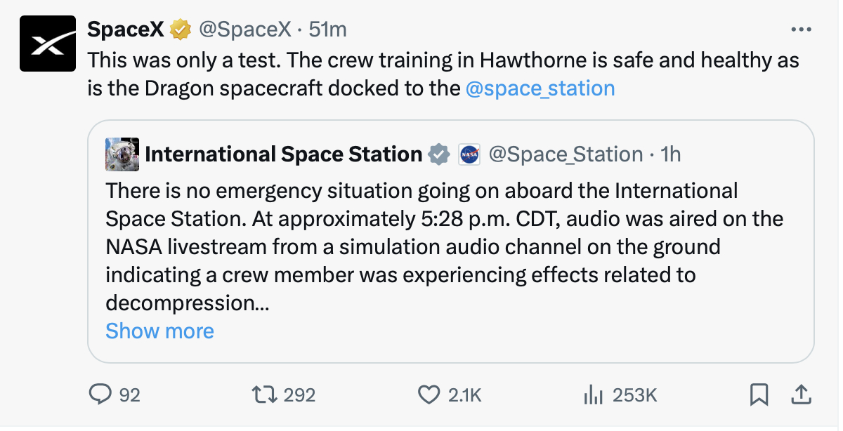 国际空间站上没有发生紧急情况，SpaceX转发评论说这是一次地面测试。北京时间6
