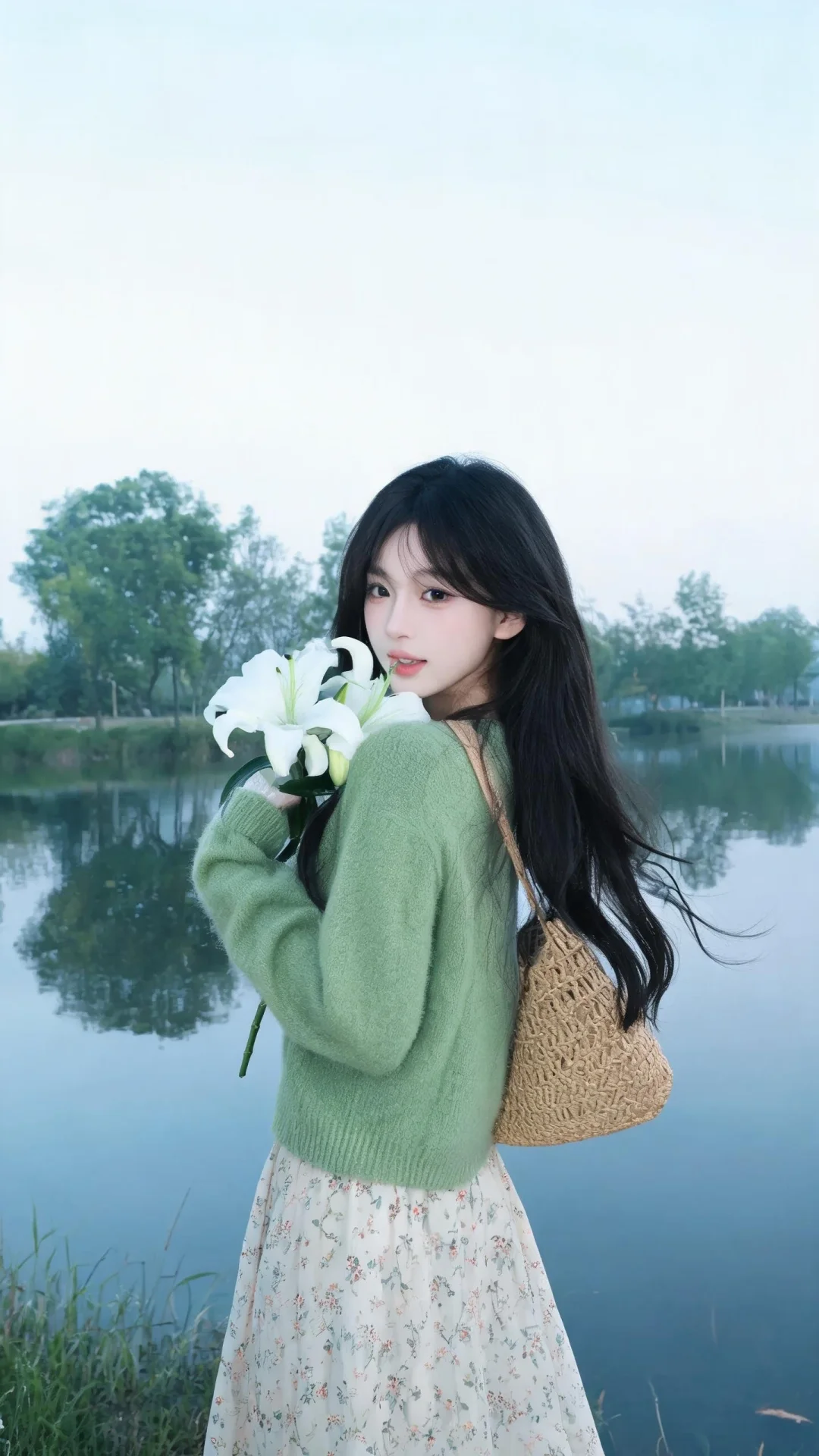 真实摄影，美少女身着绿色毛衣、碎花裙，背着草编包，手持白色百合花；站在...