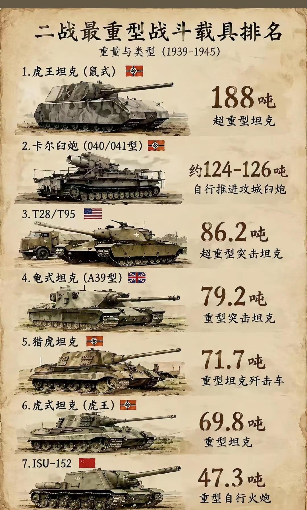 二战最强坦克战力排行！
1. 鼠式超重型坦克（188吨）：纸面攻防天花板，厚装甲