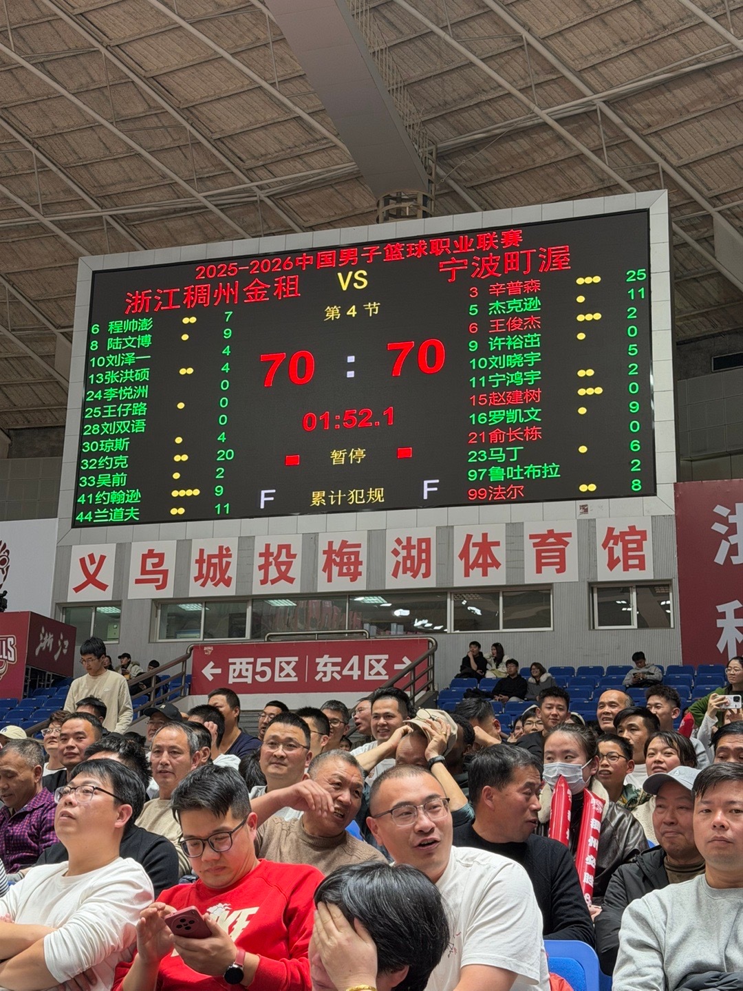 CBA 三节比赛结束，浙江稠州金租70:70宁波町渥。 义乌·义乌市梅湖体育中心