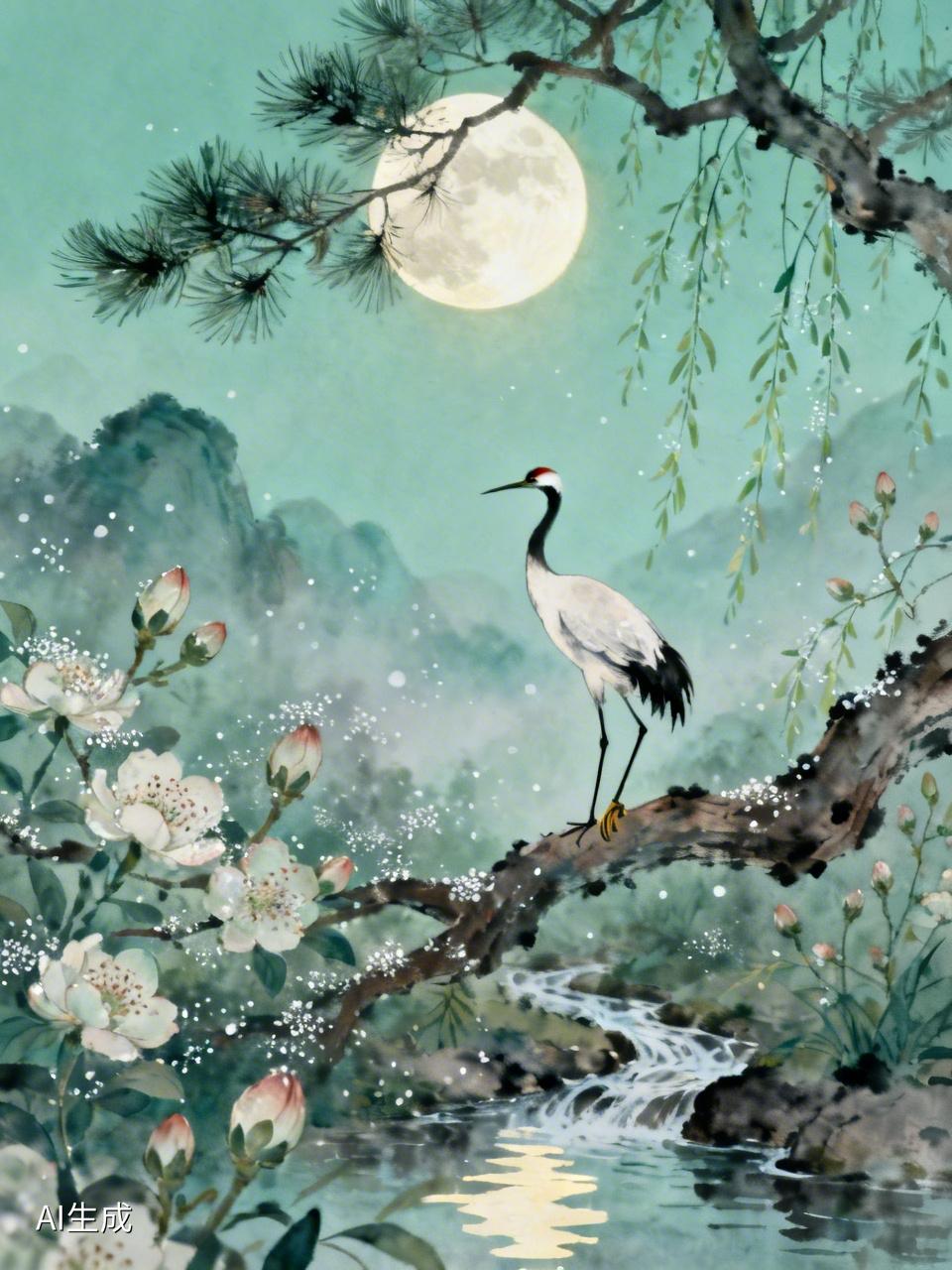 明🈷️松间照鹤翳，
春风含絮孕花开，
独自不舍太上君，
憨笑一首賦文章。
逍遥