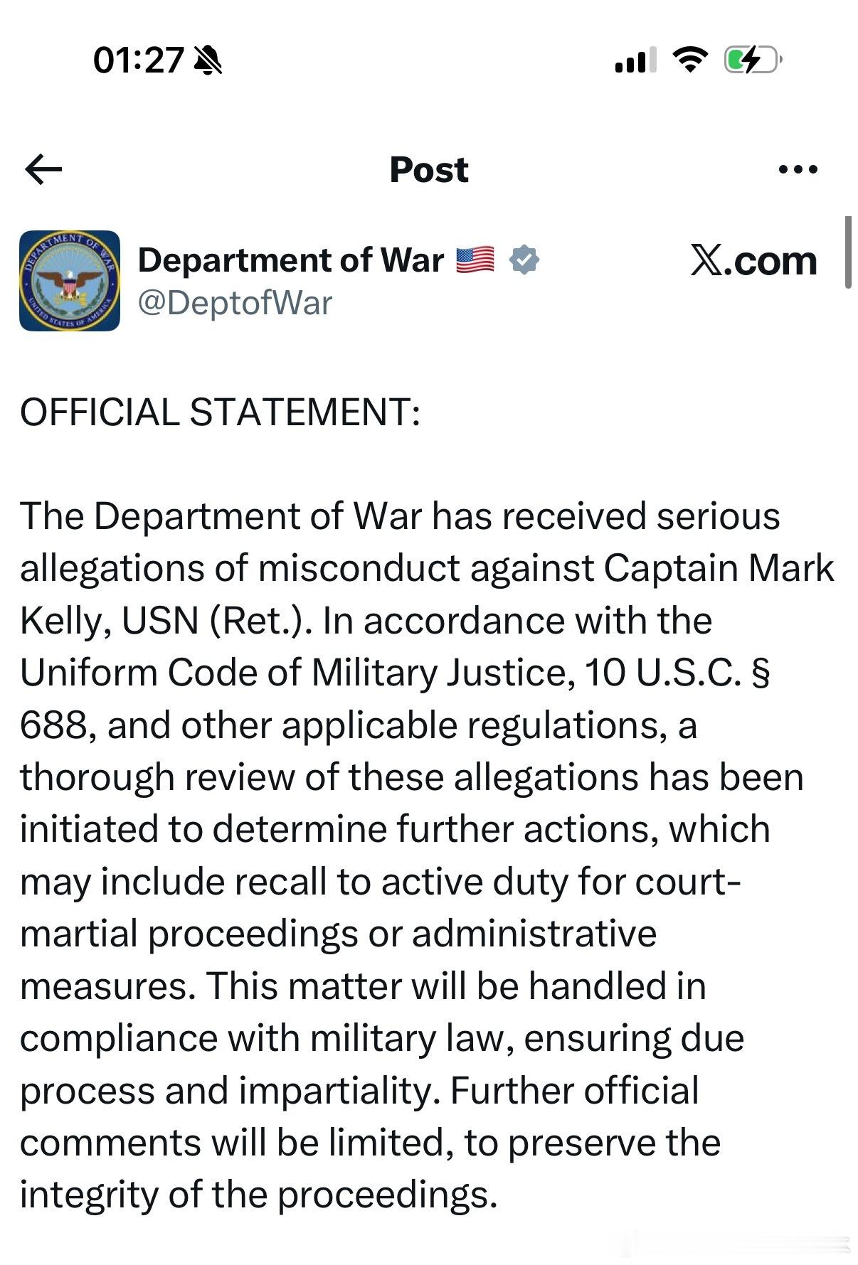 【黄金时代】战争部启动对煽动叛乱的退役海军上校马克凯利的审查官方声明：美国战争部