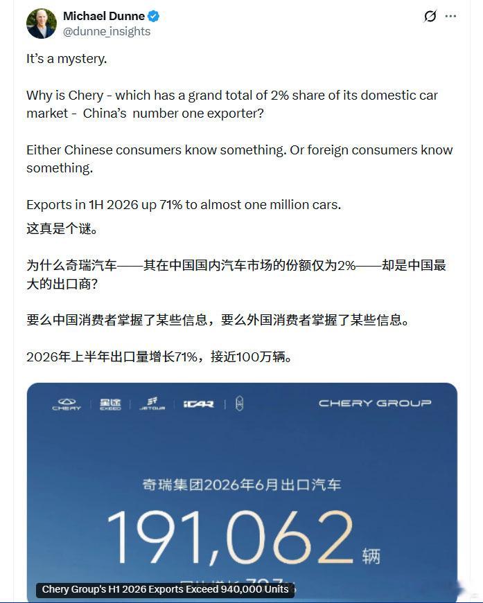 美国著名车评人对奇瑞“外战内行，内战外行”表示无法理解 