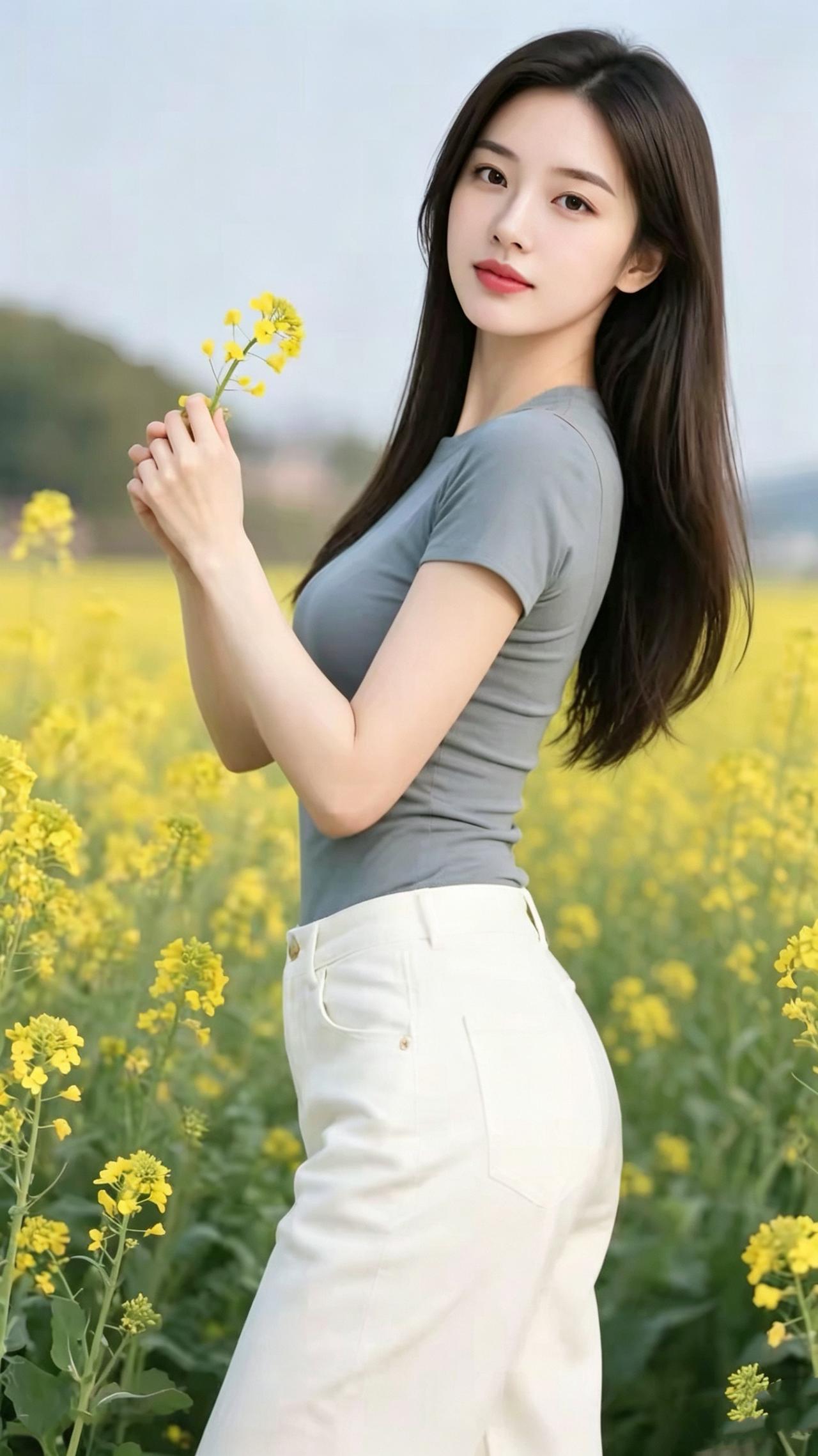 菜花女
金浪随风漫野陂，
柔荑拈花立晴曦。
鬓边云影凝春态，
眼底清光带秀姿。