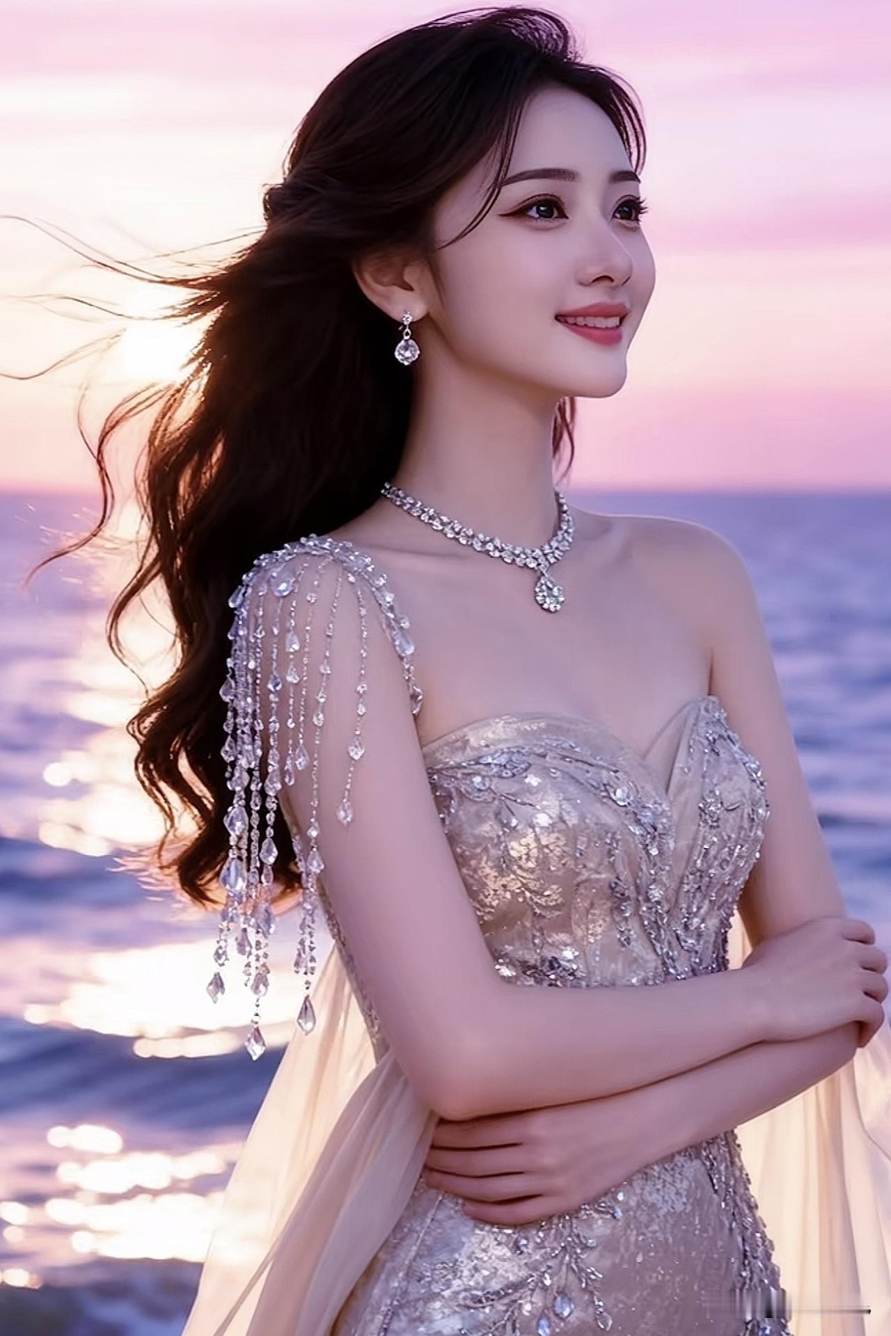 梦幻海边的优雅公主，闪耀的珠宝与温柔的夕阳相映成趣。粉系公主 海边度假公主裙 珠