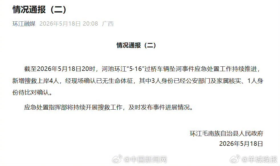 【#广西车辆坠河事件最新通报#】环江毛南族自治县人民政府发布情况通报：截至202