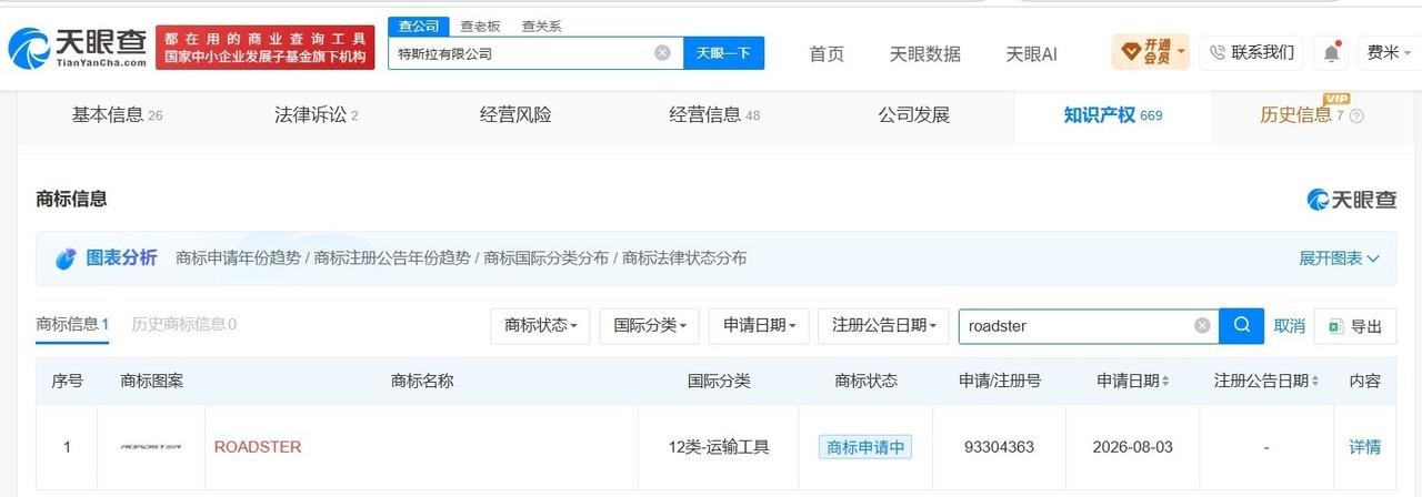 特斯拉近期申请Roadster商标
特斯拉Roadster被申请为商标特斯拉Ro