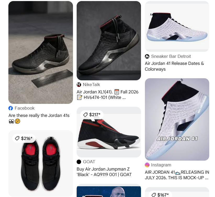 当我把AJ41假想图放进Google视觉搜索时候， 弹出来的AJ14 、AJ15