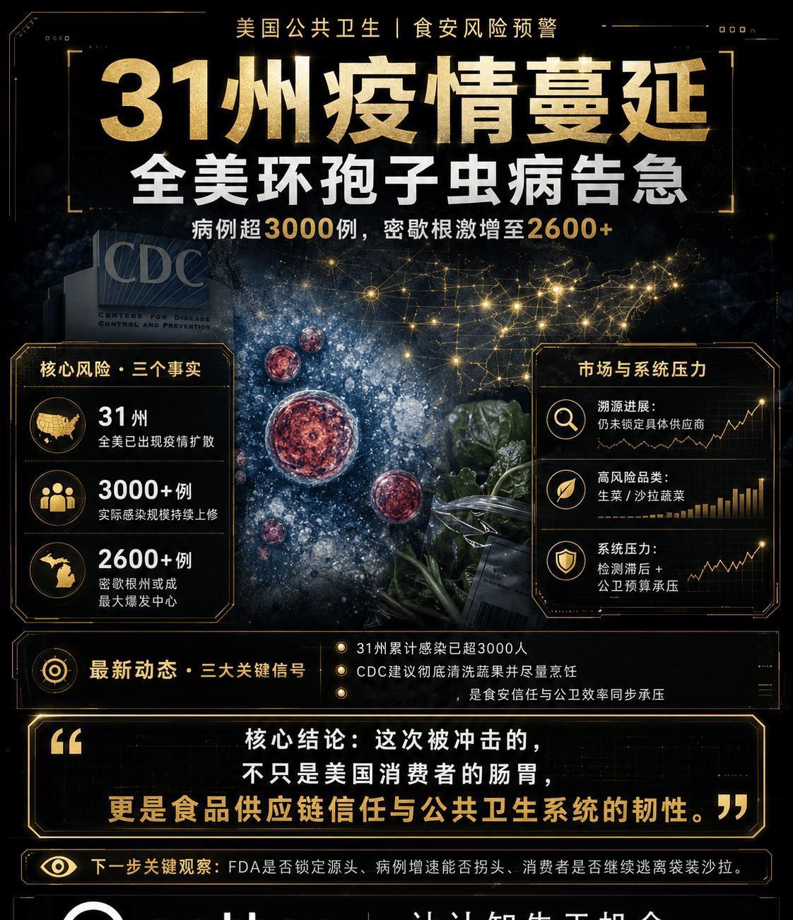 全美31州出现病例
全美31州出现环孢子虫病疫情，累计感染已超过3000例，密歇