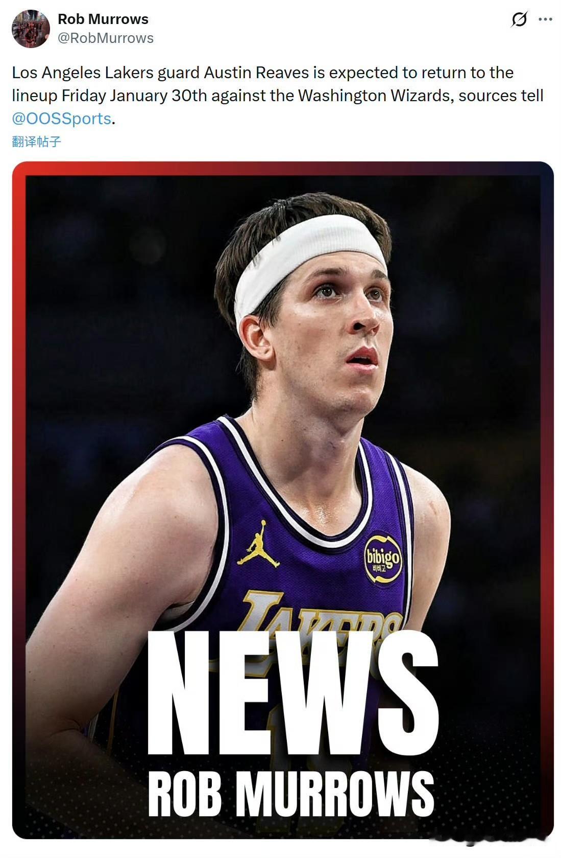 湖人后卫回来了！！！里夫斯将于周六对阵奇才的比赛中复出！

根据记者Rob Mu