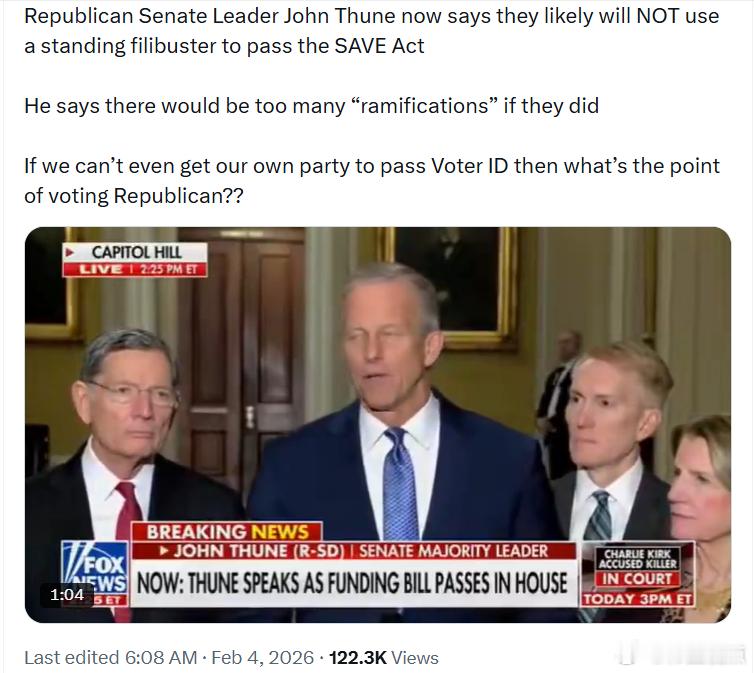 共和党参议院领袖 约翰·图恩现在表示，他们很可能不会使用“站立冗长辩论”（sta