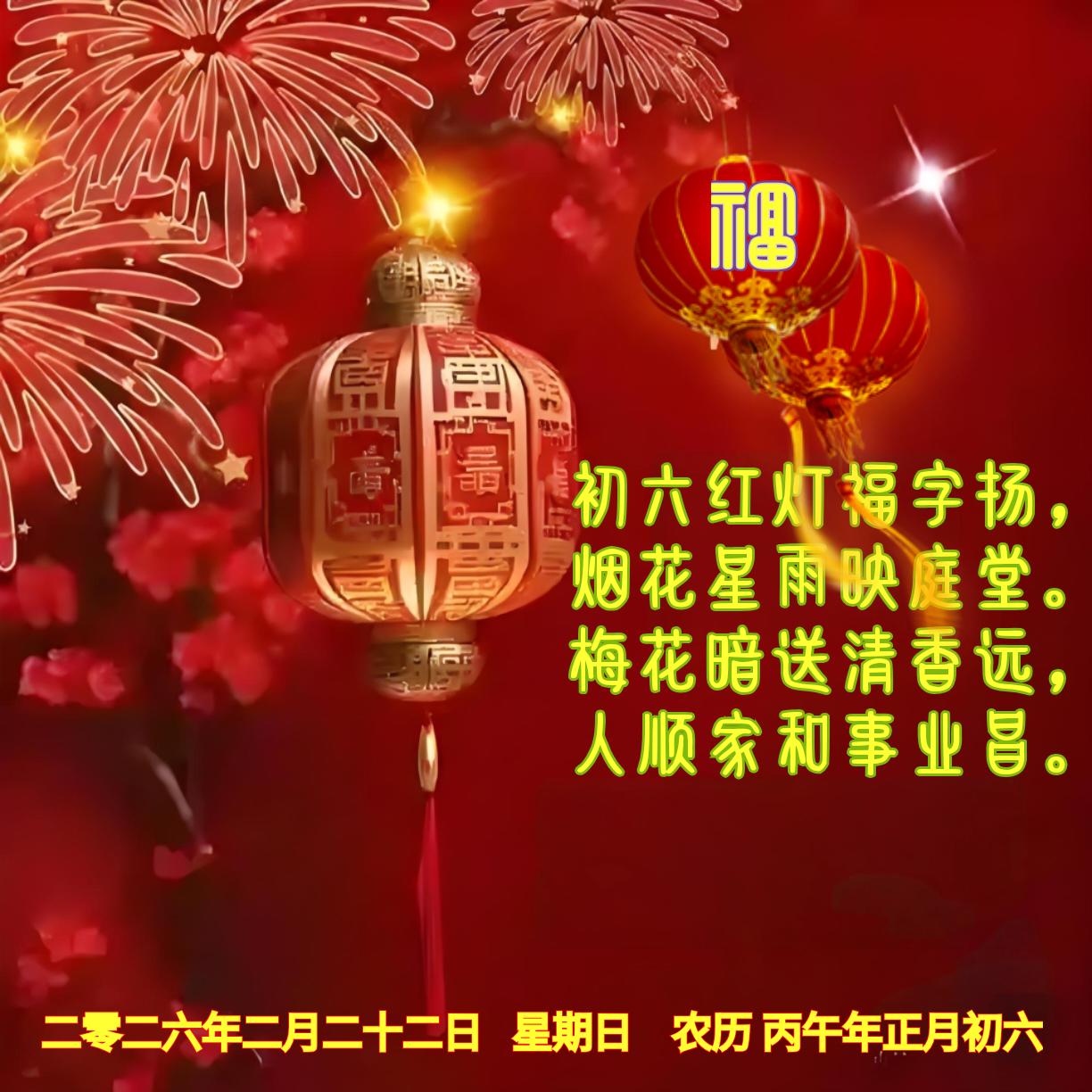 《初六祝福》
初六红灯福字扬，
烟花星雨映庭堂。
梅花暗送清香远，
人顺家和事业