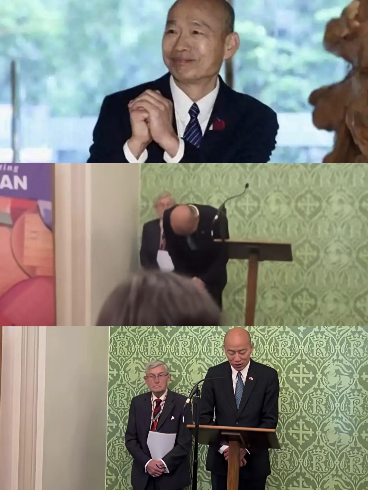 韩国瑜英国行90度鞠躬，礼数周全，还是脊梁已弯？
 
5月14日，台立法机构负责