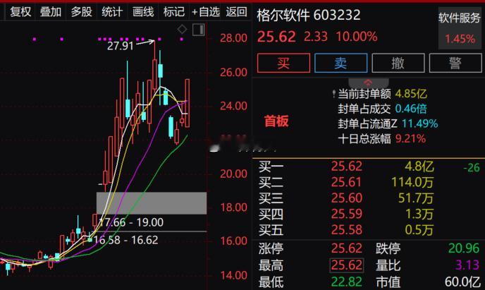 今天第五个涨停标来了！$格尔软件 sh603232$ 强势上板！ 