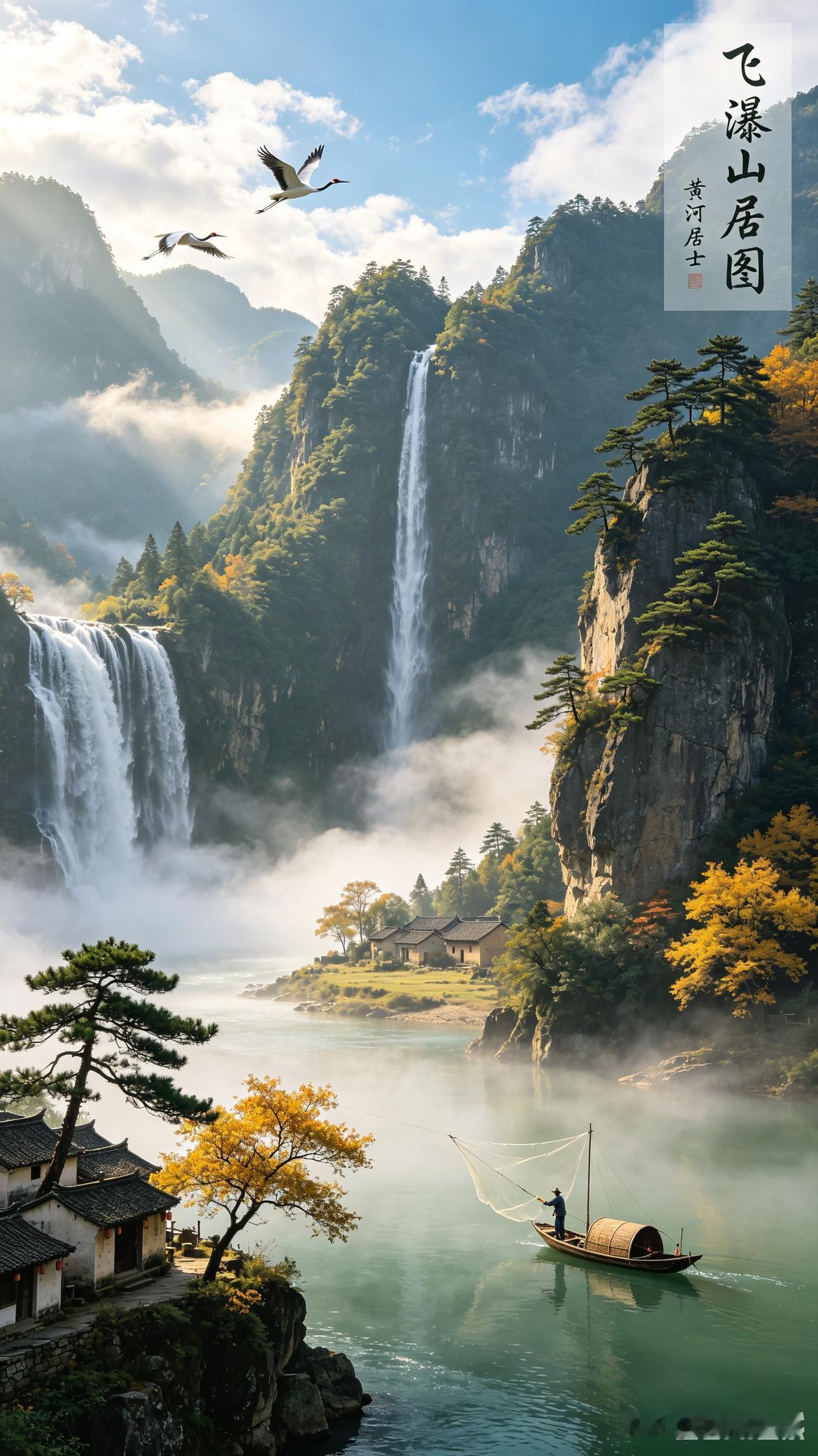 飞瀑山居图，秋色如画，仙境般的美景