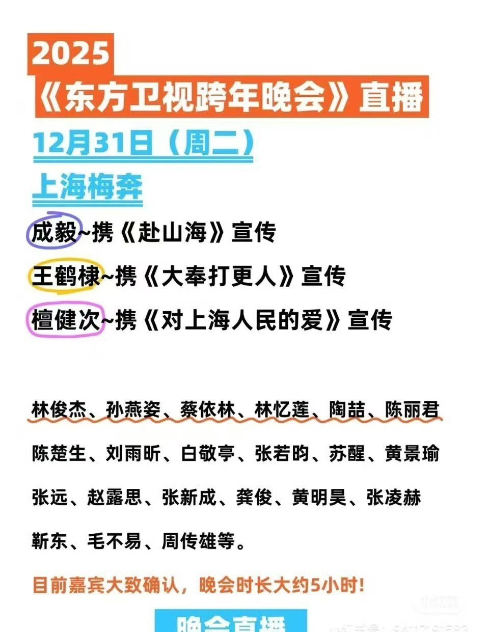 据说是东方卫视跨年阵容，不仅有林俊杰、孙燕姿、蔡依林、陶喆等歌坛大咖，也有白敬亭
