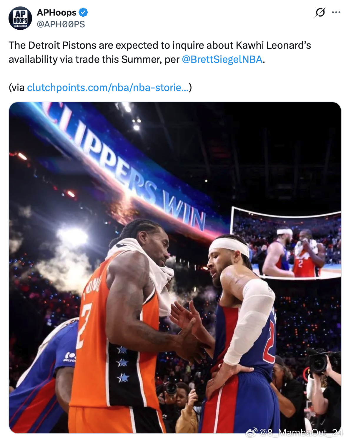 据Brett Siegel报道，活塞预计将在今夏询问伦纳德的交易可能NBANBA