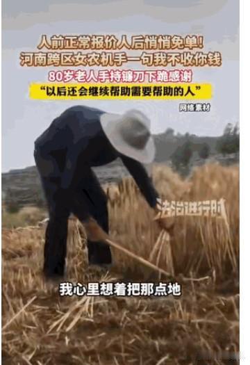 泪目。女农机手从河南到湖北跨区收麦，一位80岁大爷怯生生问她：“多少钱一亩？”女