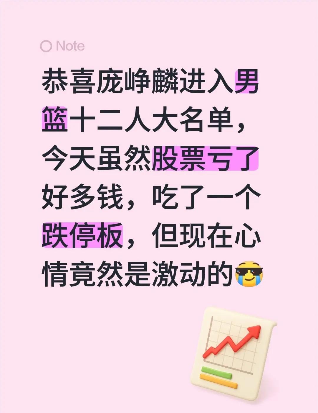 恭喜庞峥麟进入男篮十二人大名单，今天虽然股票亏了好多钱，吃了一个跌停板，但现在心
