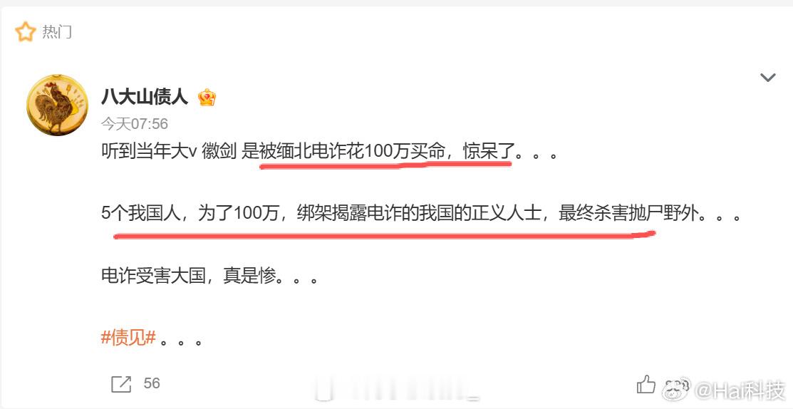 这两句话概括了整件事，电诈令人发指，徽剑是真正的孤勇者！反诈博主徽剑被曝遇害 ​