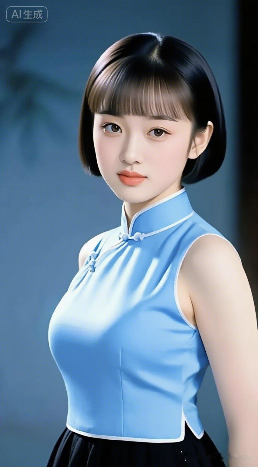 清新脱俗的蓝裙少女，气质如兰，美不胜收！