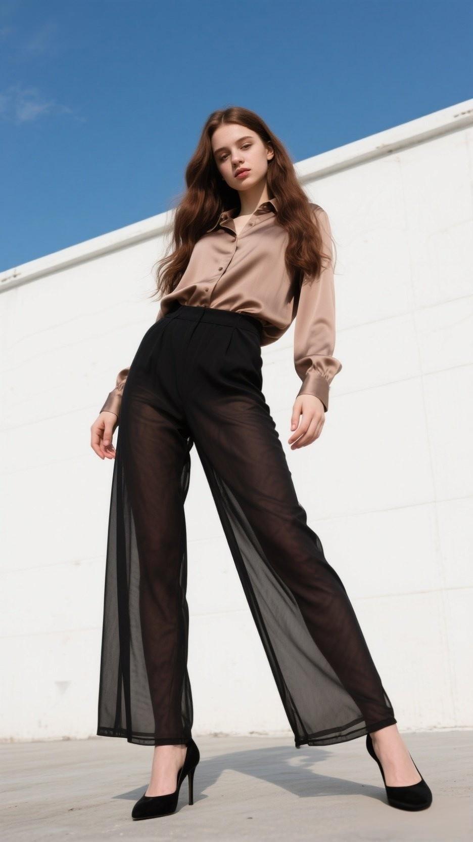 时尚女孩穿透视裤摆酷姿势。透视装穿搭技巧 轻薄透视装 洋气蕾丝镂空裤 梦幻透视装