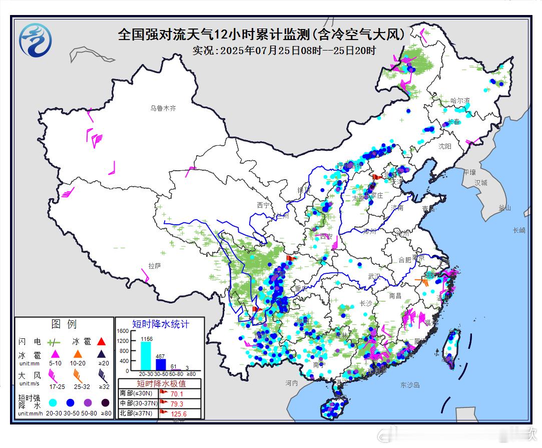 【强对流】今天白天从华南西南再到华北东北，可以隐约看出围绕高压区，形成了C型的对